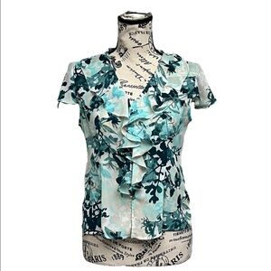 Kasper Floral Blouse Ruffled Button Up 4P Womens Fairy Whimsical Sheer Coastal